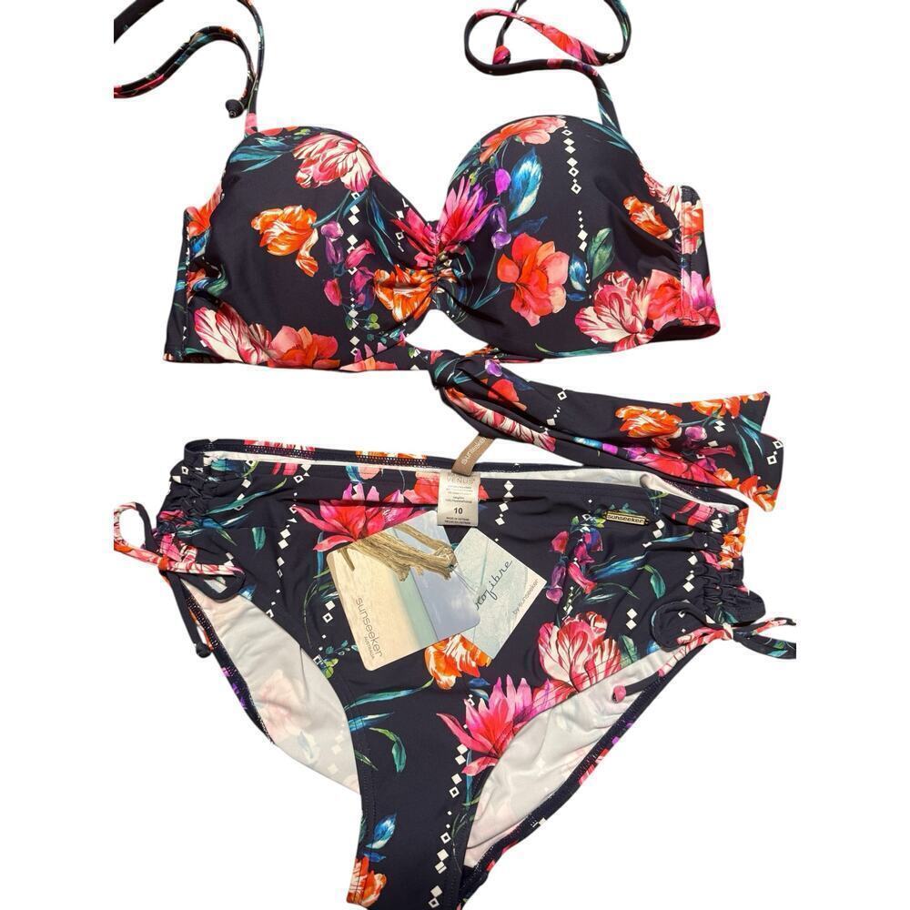 Sunseeker Australia Bikini Top Size D - Bottom Size 10 Floral Drawstring Side